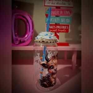 16oz. Glass Mini cow Iced Coffee Addict Cup with whipped topper
